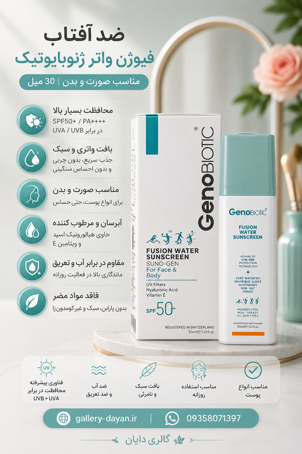 ضد آفتاب فیوژن واتر ژنوبایوتیک بی رنگ SPF50 - نمای جعبه